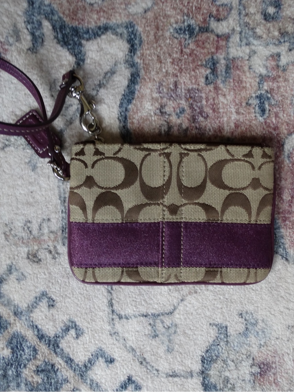 Coach Canvas Card Holder Wristlet in Brown and Plum